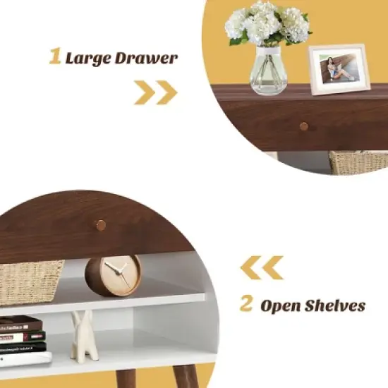 Costway Nightstand End Side Table Drawer Storage Shelf Mid-Century Rubber Wood Leg image {5}