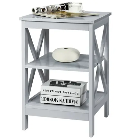 Costway 3-Tier Nightstand End Table X Design Storage Display Shelf Living Room Grey image {5}