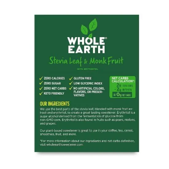 WHOLE EARTH PLANT BASED SWEETENER STEVIA LEAF & MONK FRUIT W/ ERYTHRITOL PACKETS, 40 CT image {2}