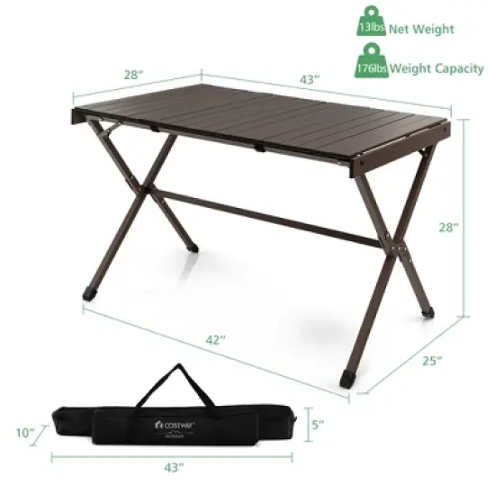 Costway 4-6 Person Portable Aluminum Camping Table Lightweight Roll Up Table Grey/Brown image {3}