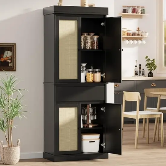 69-inch Tall Pantry Cabinet, Rattan Pantry Storage, Adjustable Shelves, Freestanding Cupboard with Drawer for Bathroom, Dining Room, Living Room image {8}