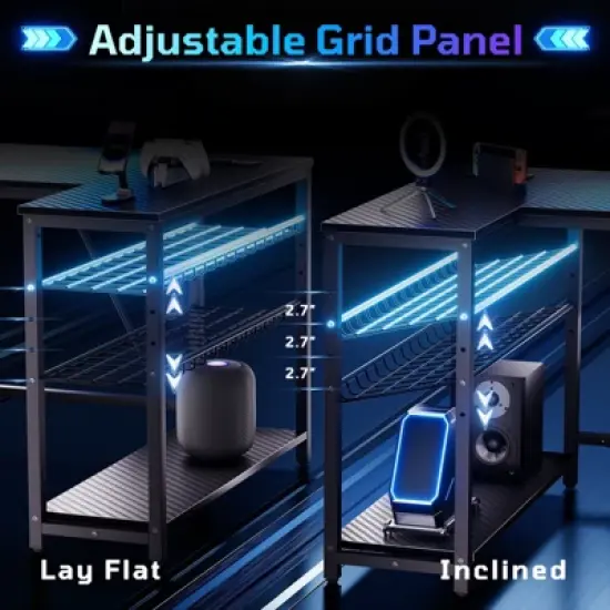 Bestier 42" Reversible L-Shaped Gaming Desk with Power Outlets LED Lights and Monitor Stand &Storage Shelves & Hooks for Bedrooms & Home Offices image {4}