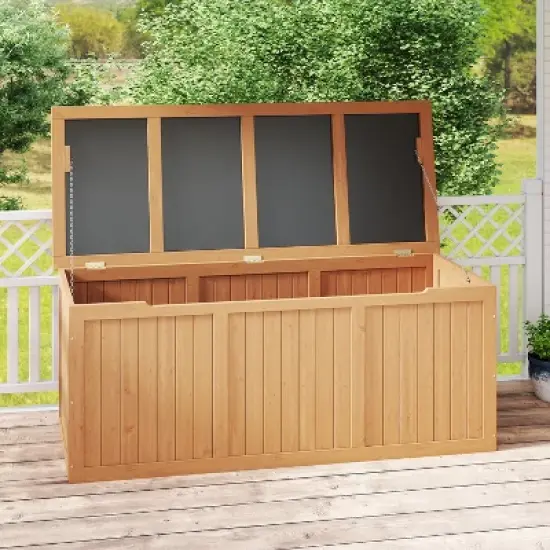 Gulches 112 Gallon Outdoor Wooden Deck Box, Solid Wood Storage with Seat & Table Top for Patio Cushions Pool Toys Garden Tools image {8}