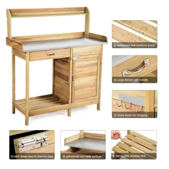 Costway Outdoor Potting Bench Garden Wooden Work Station Metal Tabletop Cabinet Drawer image {5}