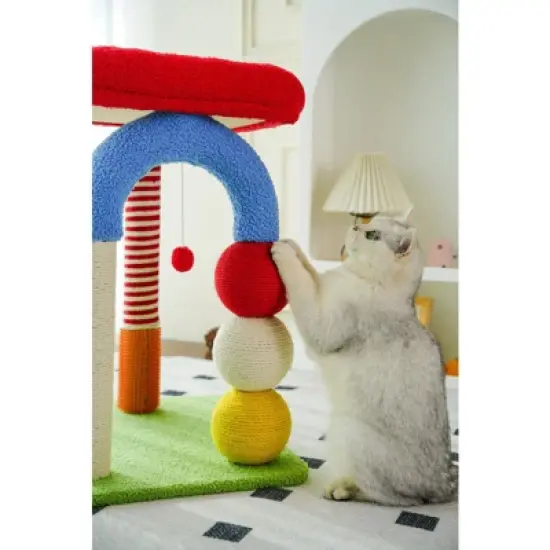 Fairyland&trade; - Colorful U-Shaped Cat Climbing Tower &ndash; Multi-Level Sisal Scratching Post with Teasing Ball & Massage Column for Large and Small Cats image {8}