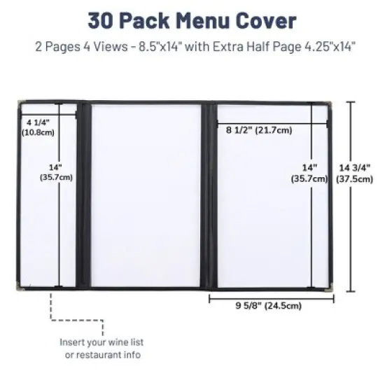 WeChef 30 Pcs Menu Covers 8.5x14" 2 Page 4 View & 4.25x14" Half Page Wine List image {1}