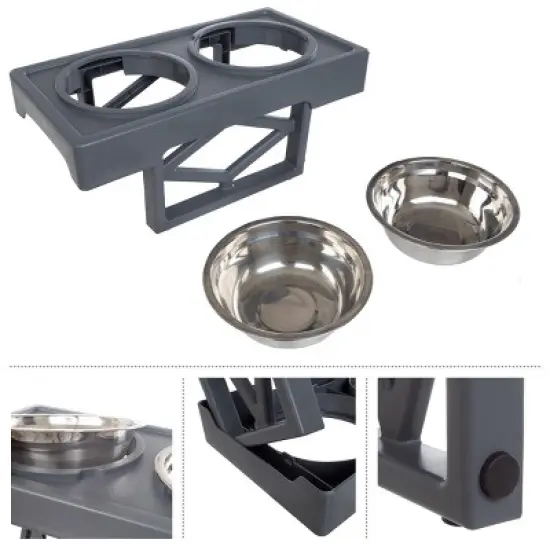 Elevated Dog Bowls Stand - Adjusts to 3 Heights for Small, Medium, and Large Pets - Stainless-Steel Dog Bowls Hold 34oz Each by PETMAKER (Gray) image {2}