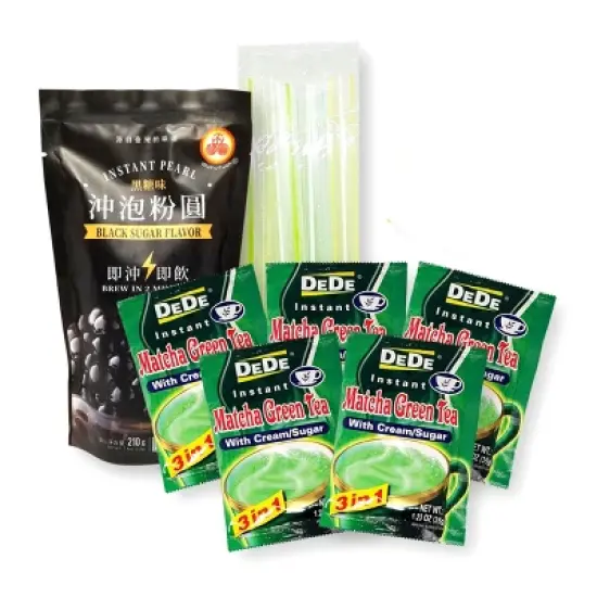 Bubble Tea DIY Boba Matcha Milk Tea Kit with 5 DeDe Instant Matcha Green Tea, WuFuYuan Instant Black Tapioca Pearls, 5 Boba Straws image {11}