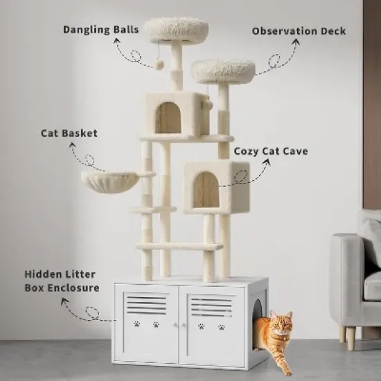 Cat Tree with Litter Box Enclosure 76 Inch Large 2 In1 Cat Tower Condo with Scratching Post, Dangling Balls, Backet & Top Perch image {1}