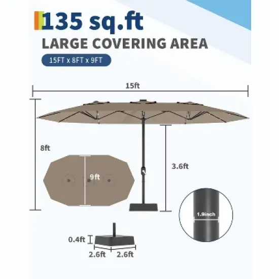 15FT Large Patio Umbrella with Base, Outdoor Double-Sided Rectangle Market Umbrella Outside Umbrellas for Poolside Lawn Backyard image {5}
