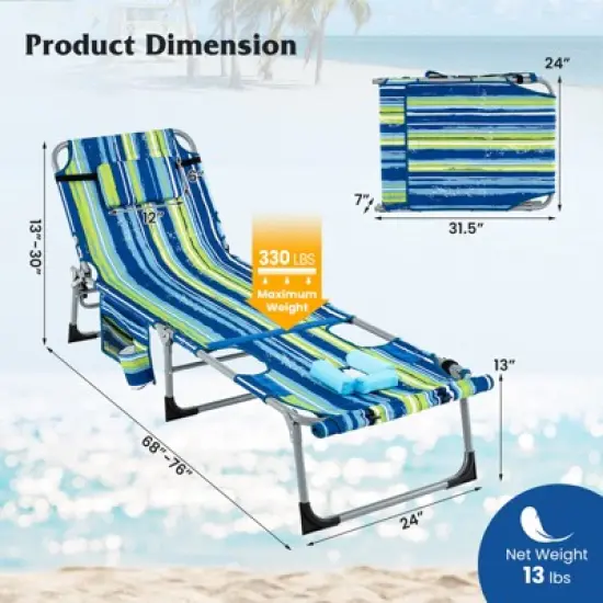 Tangkula 2 PCS Folding Chaise Lounge Chair Sunbathing Recliner w/ Removable Pillow Navy Blue image {8}