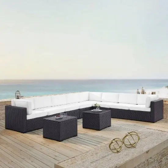 Biscayne 7pc Outdoor Wicker Sectional Set with 2 Coffee Tables & 3 Corner Seats  White - Crosley image {1}