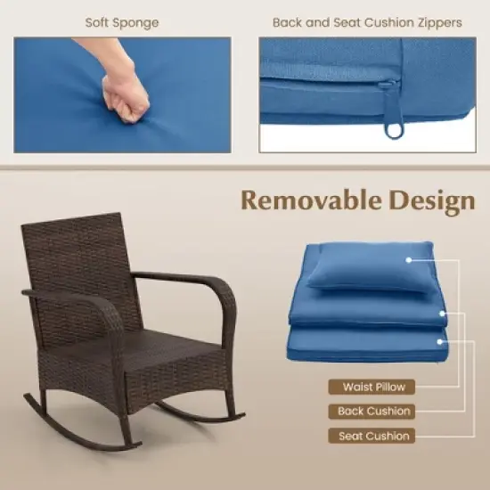 Tangkula 3 Piece Outdoor Rocking Set Rattan Rocker Chairs w/ Tempered Glass Coffee Table image {4}