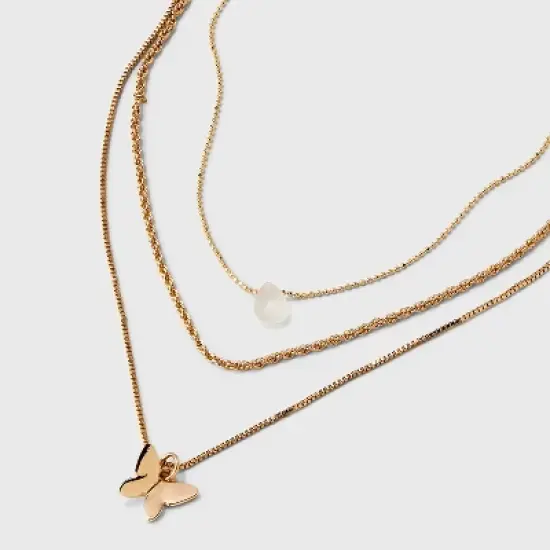 Ball and Snake Chain with Butterfly Charm Multi-Strand Necklace Set 3pc - Universal Thread&trade; Gold image {4}