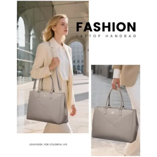 Laptop Tote Bag for Women with Large Cup Holder, 15 Inch PU Leather Work Bag Teacher Tote Bag image {1}