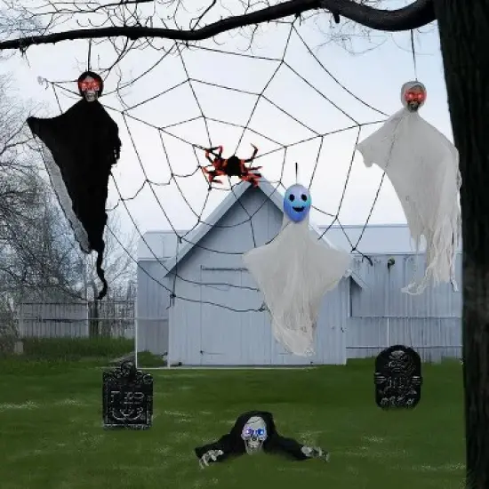 8-Piece Halloween Decoration Set with Swinging Ghosts, Crawling Skeleton, Gravestones, Giant Spider Web & LED Eyes &uml;C Indoor/Outdoor Spooky Yard image {8}