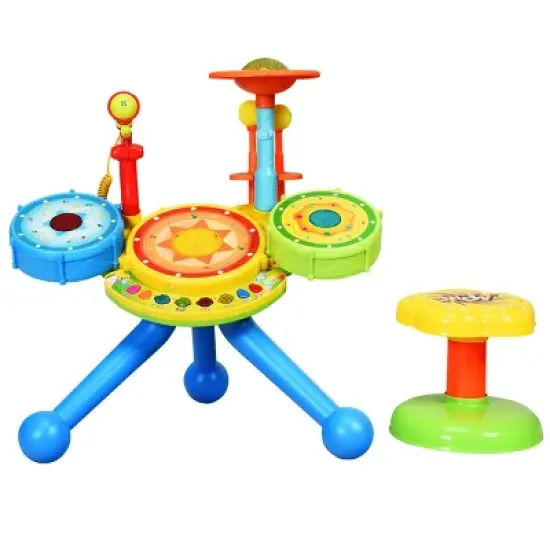 Kids Electric Jazz Drum Set Musical Instrument w/ Stool Mic & LED Light image {8}