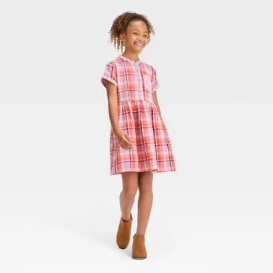 Girls' Short Sleeve Woven Dress - Cat & Jack&trade; Orange Plaid image {2}