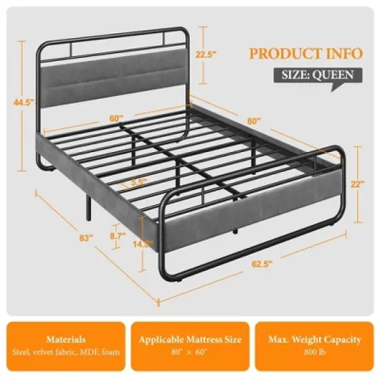 Yaheetech Metal Platform Bed Frame with Velvet Upholstered Headboard image {3}