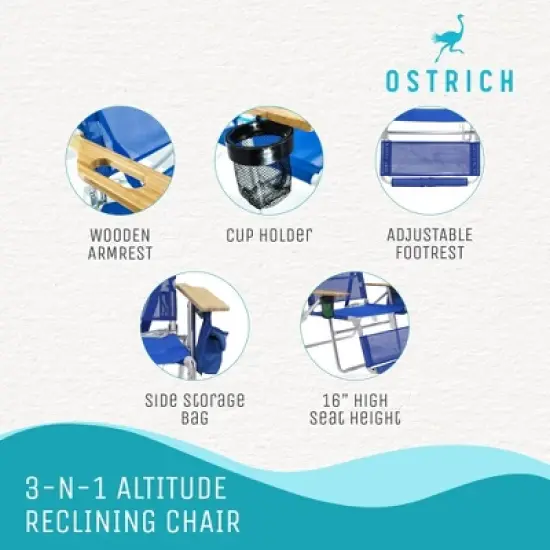 Ostrich 3-N-1 Altitude Outdoor Lounge Reclining Beach Lake 16-Inch Height Chair, Blue image {3}