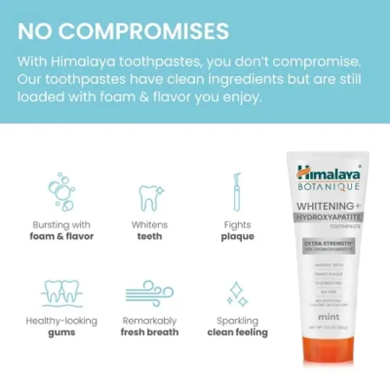 Himalaya Botanique Whitening+ Hydroxyapatite Toothpaste, Extra Strength with 10% Hydroxyapatite, Mint Flavor, Fluoride-Free, SLS Free & Vegan, 3 oz. image {3}