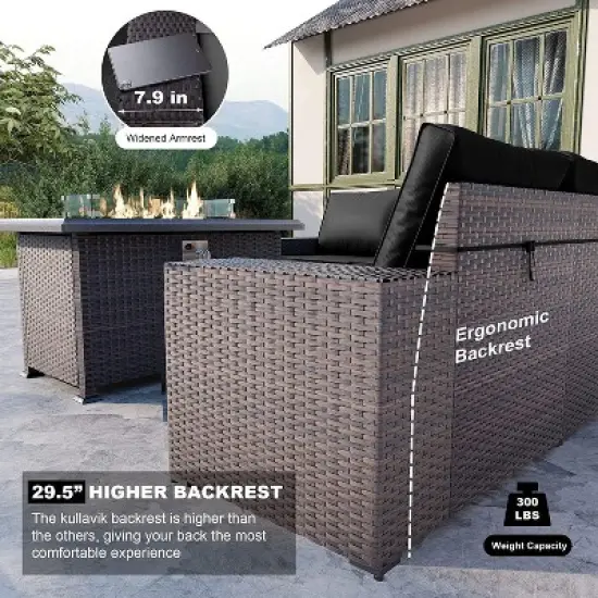ALAULM 7 Pieces Outdoor Patio Furniture Set with 43" Gas Propane Fire Pit Table PE Wicker Rattan Sectional Sofa image {4}