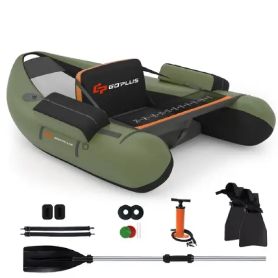 Costway Inflatable Fishing Float Tube w/Pump & Storage Pockets & Fish Ruler Gray\Beige\Green image {11}