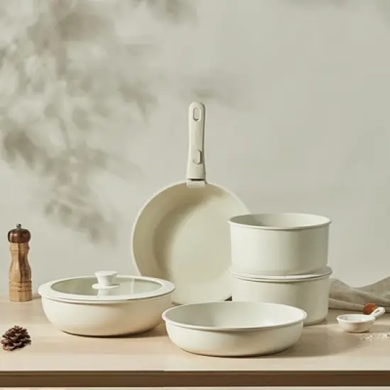 BRINJOY 17-Piece Ceramic Cookware Set - Detachable Handle Non-Toxic Induction RV Kitchen Set, Cream White image {3}