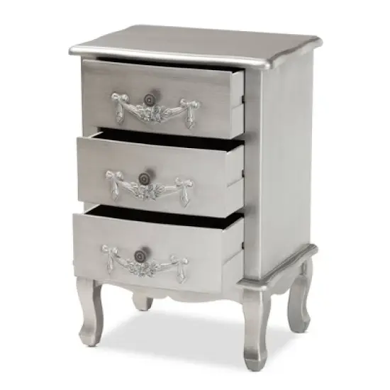 Callen Brushed Wood 3 Drawer Nightstand Silver - Baxton Studio image {2}