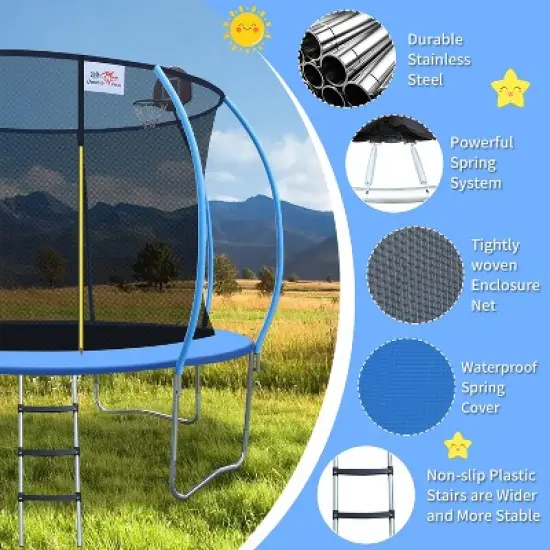 Racxily 12ft Foldable Trampoline for Adults with Handrail - 400lb Capacity, Blue Round Fitness Rebounder, Compact & Portable Home Workout image {4}