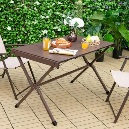 Costway 4-6 Person Portable Aluminum Camping Table Lightweight Roll Up Table Grey/Brown image {2}