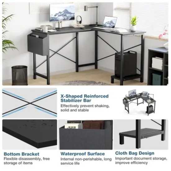 Gulches 50 Inch L Shaped Computer Desk Gaming Corner Office Table with CPU Storage Shelf Side Bag Wooden Top Metal Frame Black image {5}