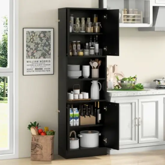 Tangkula Kitchen Pantry Cabinet 75&rdquo; Tall Freestanding Cupboard with Doors & Shelves Safety Hinges & Anti-tipping Devices Black/White image {1}