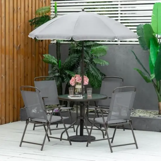 36.50"Outsunny 6 Piece Patio Dining Set for 4 with Umbrella, Outdoor Table and Chairs with 4 Folding Dining Chairs & Round Glass Table, Gray image {9}