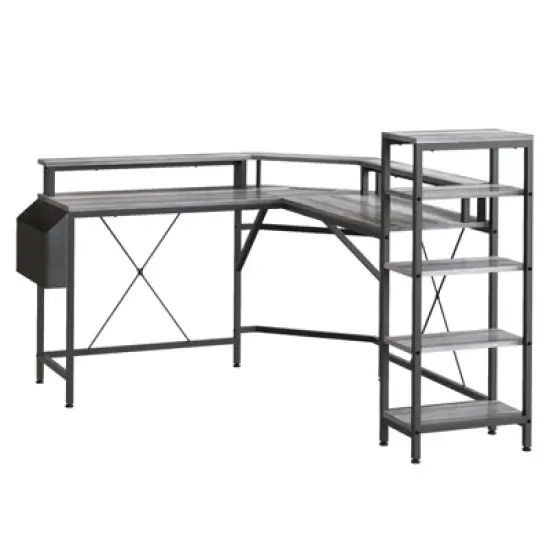 61 Inch l-Shaped Gaming Desk, Ergonomic Computer Desk, with 5-Tier Shelves, LED, Power Outlet & Storage Bag, Corner Computer Table, for Home Office image {8}