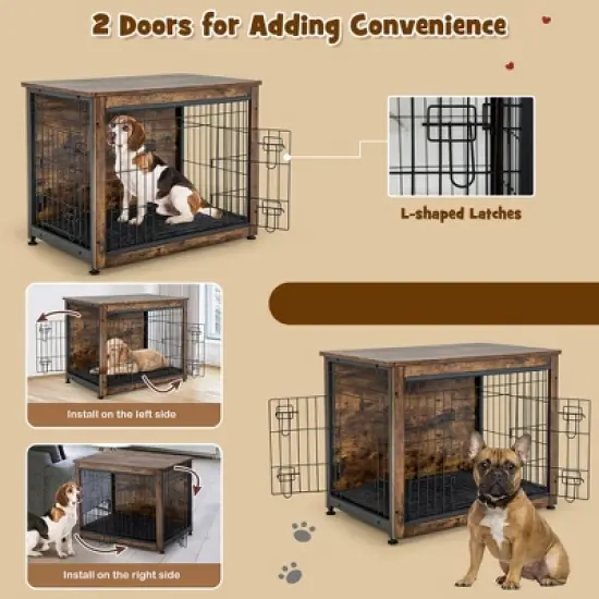 Tangkula Wooden Dog Crate Furniture with Pad Bed Double Doors Dog Kennel End Table image {4}