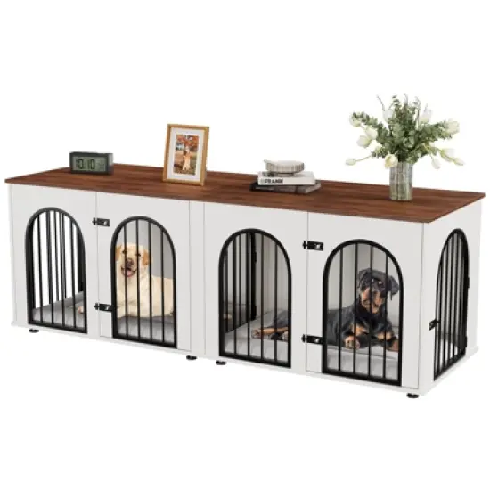 71" Large Dog Crate Furniture for 2 Dogs, Wooden Double Dog Crate with Door, Indoor Dog Kennel TV Stand with Divider and Cushion image {7}
