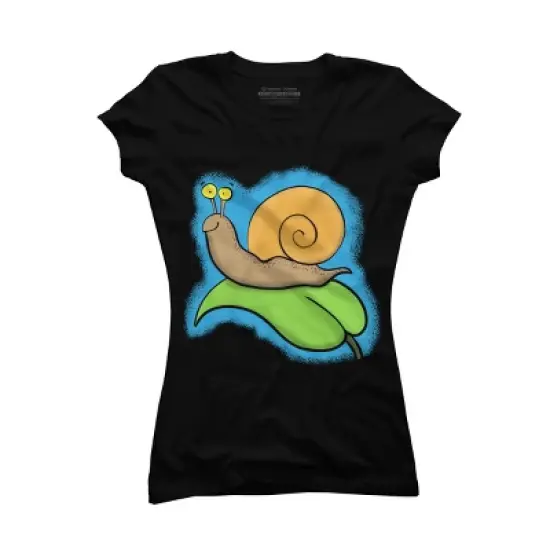 Junior's Design By Humans Cute, happy snail on a leaf cartoon illustration By thefrogfactory T-Shirt image {3}