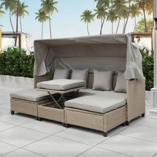 4pc Outdoor Adjustable Wicker Sectional Set with Canopy & Table - GODEER image {2}