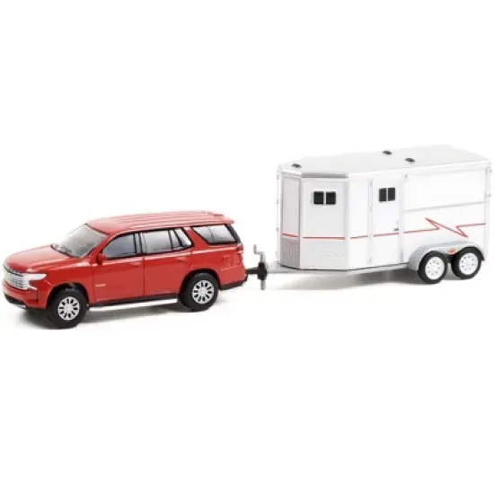 2021 Chevrolet Tahoe Cherry Red Pearl with White Horse Trailer "Hitch & Tow" Series 23 1/64 Diecast Model Car by Greenlight image {1}
