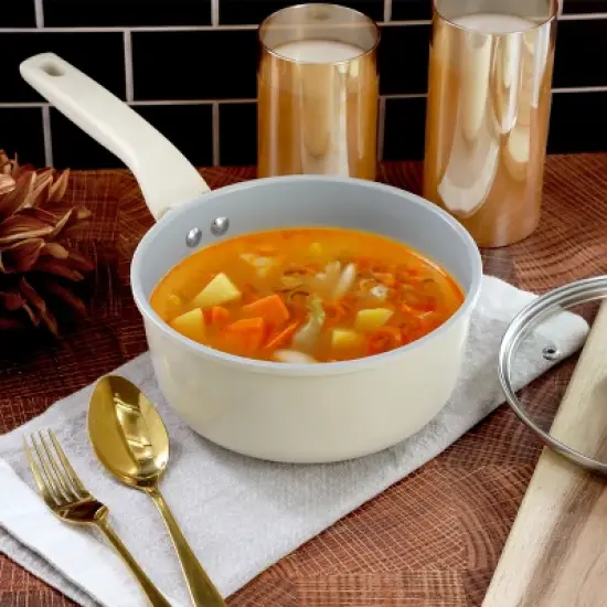 Gibson Home Barnsdall 2 Quart Ceramic Nonstick Aluminum Saucepan in Ivory with Lid image {4}