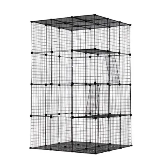 DOMETOUR 3-Tier Wire Cat Cage, Large Kennels Playpen with 3 Platforms, 3 Ramp Ladders and 4 Doors, 42" x 42" x 72", Black image {3}