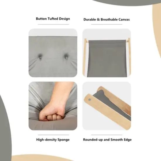 Tangkula Foldable Wood Beach Sling Chair with 3 Adjustable Positions Indoor Living Room Chaise Lounge Grey image {4}