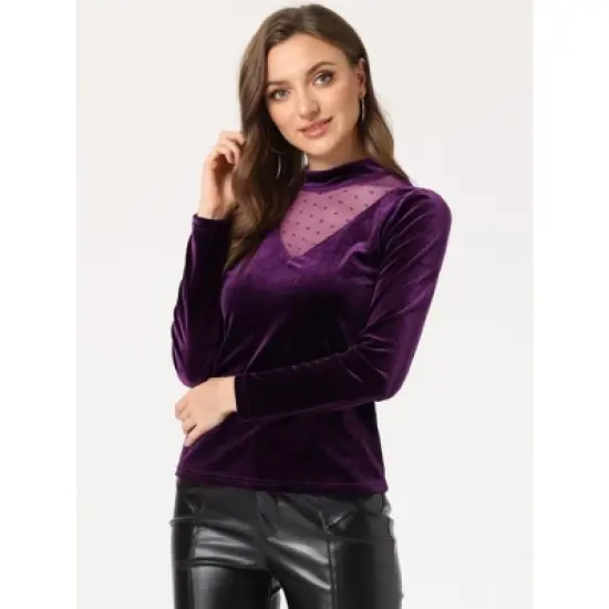 Allegra K Women's Casual Velvet Long Sleeve Choker Neck Heart Dots Mesh Panel Top image {2}