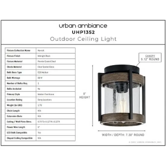 Urban Ambiance Luxury Farmhouse Outdoor Ceiling Light 8''H x 7.375''W,  Midnight Black Finish,  Newark Collection, UHP1352 image {2}