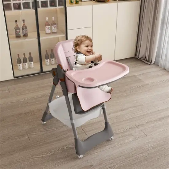 CIPACHO Adjustable Baby High Chair 0-6 Years &ndash; Portable Infant Feeding Seat with Safety Belt, Silent Lockable Wheels & Easy-Clean Design Pink image {2}