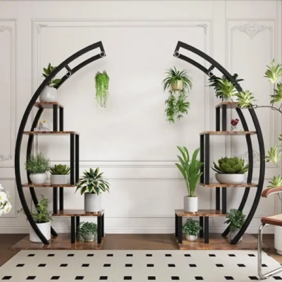 5 Tier Tall Metal Indoor Plant Stand, Half Moon Shape Garden Plant Holder, Round Flower Shelf Rack with 4 Hanging Hooks for Home image {2}