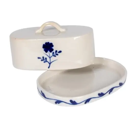 Storied Home Hand-Painted Stoneware Butter Dish with Flower, Blue and White image {3}
