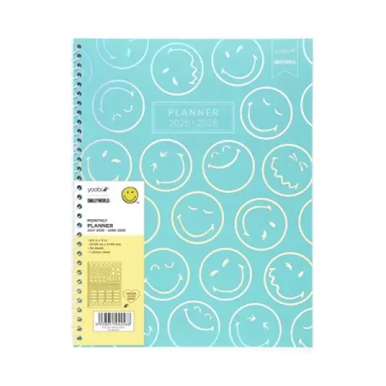 Yoobi SmileyWorld 8.5"x11" 2025-2026 Monthly Planner Teal Holographic Smiley image {2}