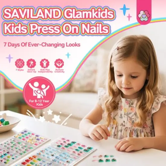 Saviland Kids 7-Pack Press-On Nails Kit - 168PCS Pre-Glued Retro Floral Designs for Girls 8-12 Years with Adhesive Tabs.(Holiday Gift Set) image {1}